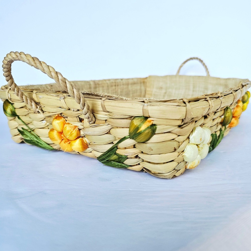 Vintage Wicker Casserole Holder Floral Raffia Embroidered Basket Boho Kitchen